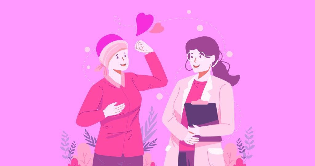 Ilustración que muestra a dos mujeres hablando en conmemoración del día internacional de cáncer de mama