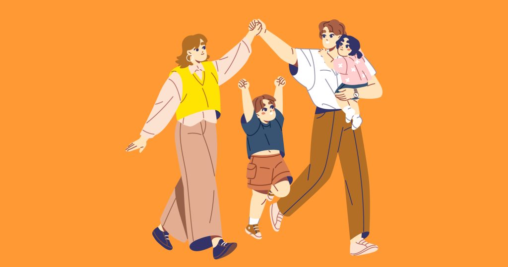 Ilustración que muestra una familia feliz paseango cogidos de la mano para explicar la importancia de familia y amigos en el bienestar emocional de la persona.