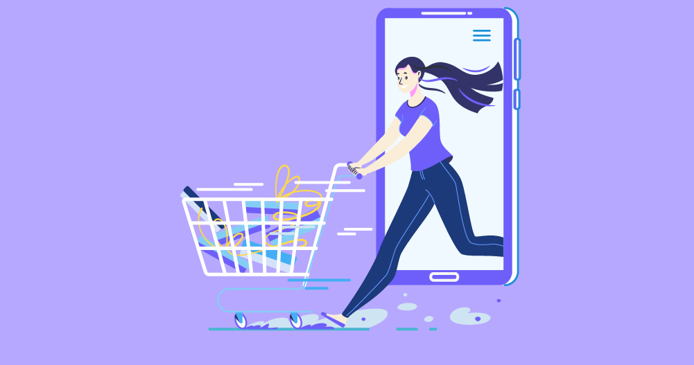 Ilustración de una mujer saliendo de la pantalla de un teléfono móvil con un carrito lleno de compras para mostrar las ofertas del Black Friday.