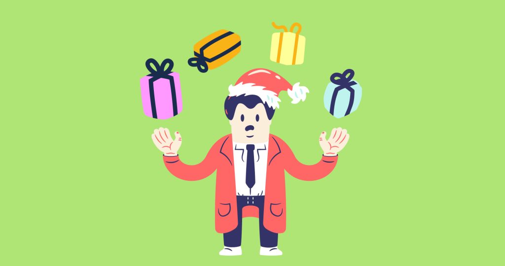 Ilustración de un hombre con gorro de Papá Noel rodeado de regalos para contar cómo evitar la ansiedad por las fiestas navideñas