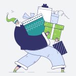 Ilustración de un joven con gorro de papá Noel cargado de una montaña de regalos de Navidad, para hablar de cuidarte emocionalmente en navidad