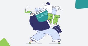 Ilustración de un joven con gorro de papá Noel cargado de una montaña de regalos de Navidad, para hablar de cuidarte emocionalmente en navidad