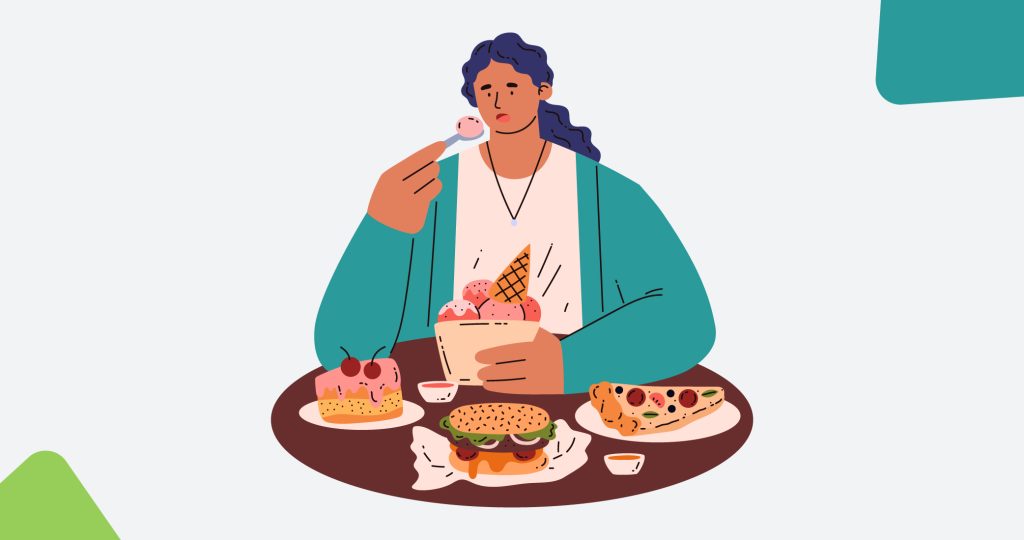 Ilustración de una mujer sentada ante muchos platos de comida, para hablar del hambre emocional