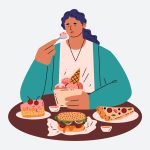 Ilustración de una mujer sentada ante muchos platos de comida, para hablar del hambre emocional