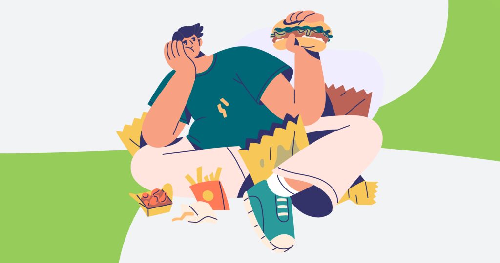 Ilustración de un joven rodeado de comida basura, para hablar del hambre emocional