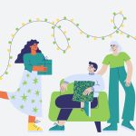 Ilustración de 3 miembros de una familia rodeados de luces de navidad y con regalos, para hablar de Navidad en familia.