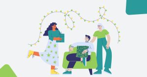 Ilustración de 3 miembros de una familia rodeados de luces de navidad y con regalos, para hablar de Navidad en familia.