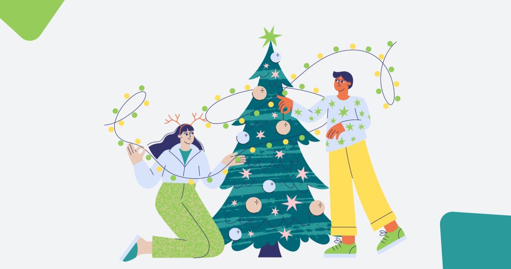 Ilustración de una pareja colocando las luces del árbol de Navidad, para hablar de Navidad en familia.
