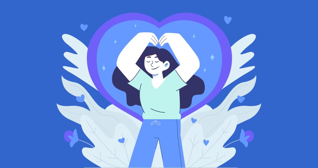 Ilustración de una mujer joven haciendo el símbolo del corazón con sus brazos rodeando su cabeza para contar cómo mejorar tu autoestima.