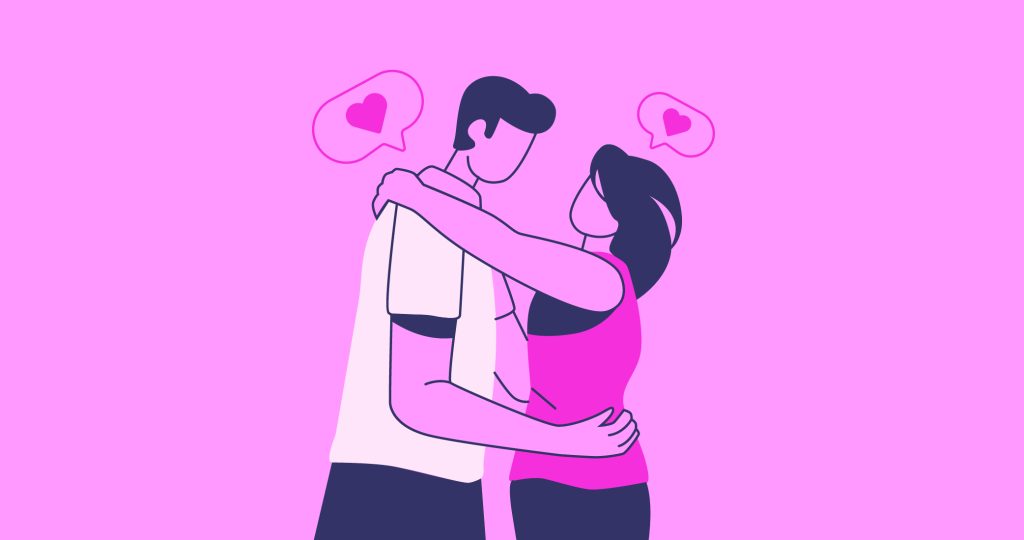 Ilustración de un hombre y una mujer jóvenes abrazados rodeados de corazones para contar cómo mejorar la falta de comunicación en la pareja.