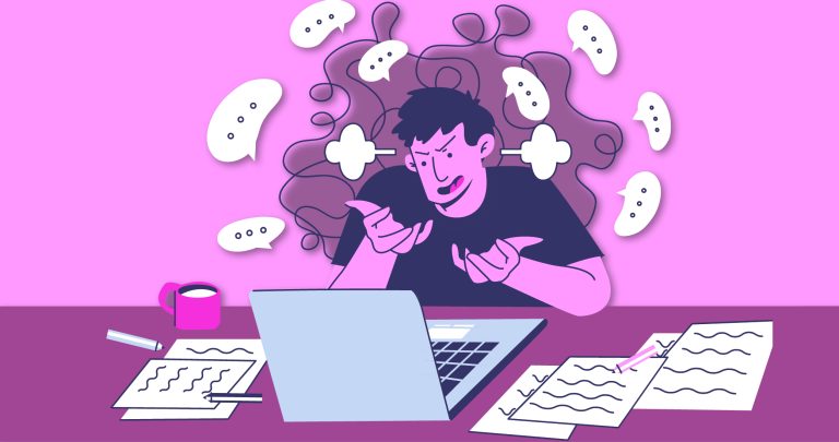 Ilustración de un joven muy estresado delante de su portátil, para hablar sobre el Día Mundial de la Concienciación sobre el Estrés.