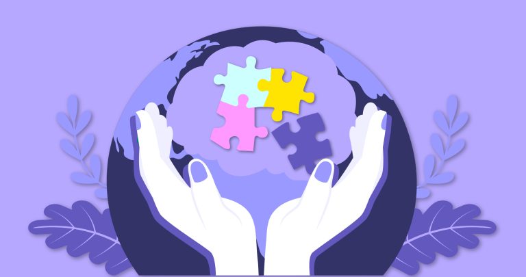 Ilustración de unas manos que contienen unas piezas de un puzle, sobre una bola del mundo para hablar sobre personajes famosos con autismo.