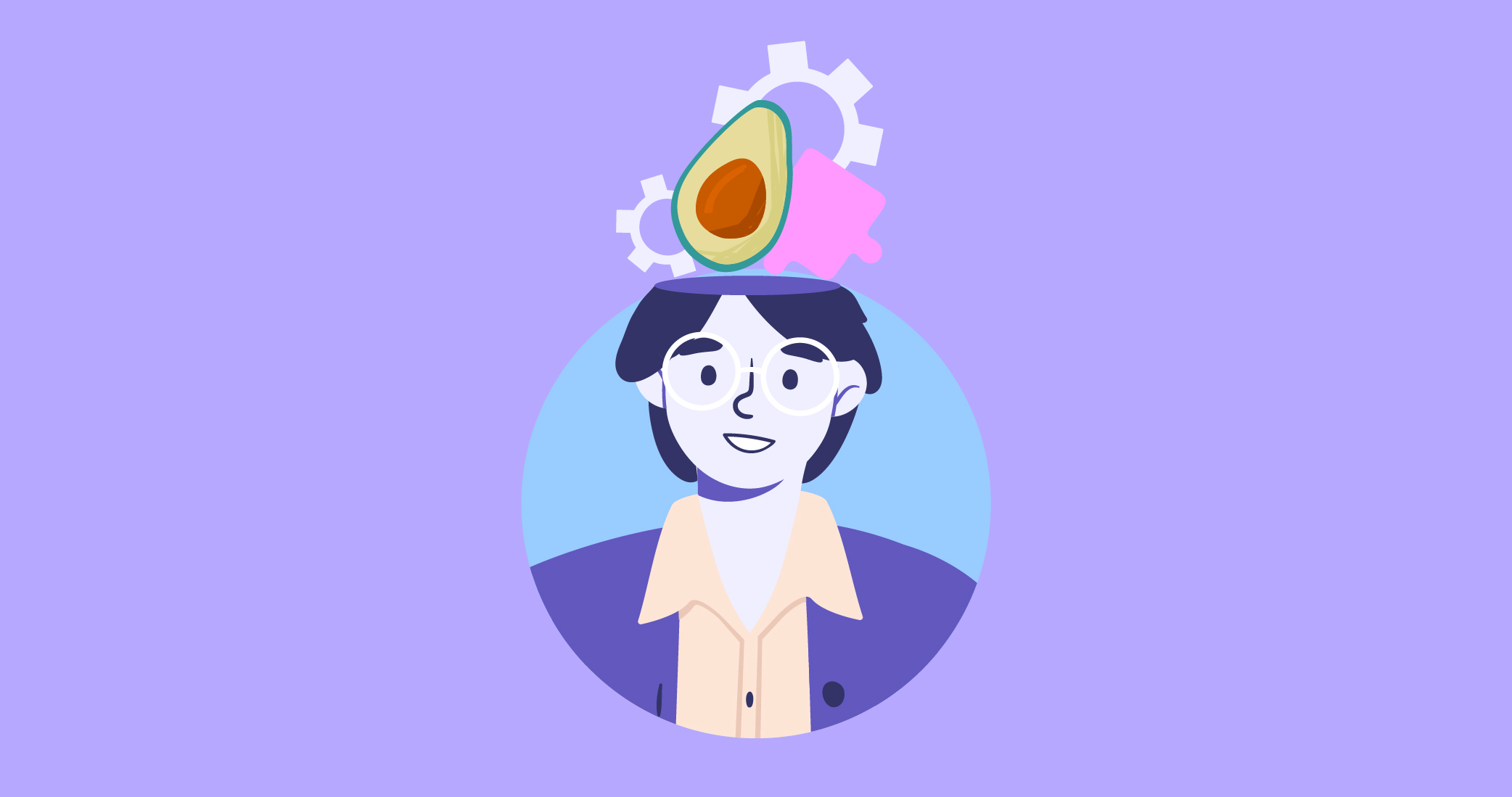 Ilustración que muestra una persona, un hombre en el que refleja un mecanismo encima de la cabeza.