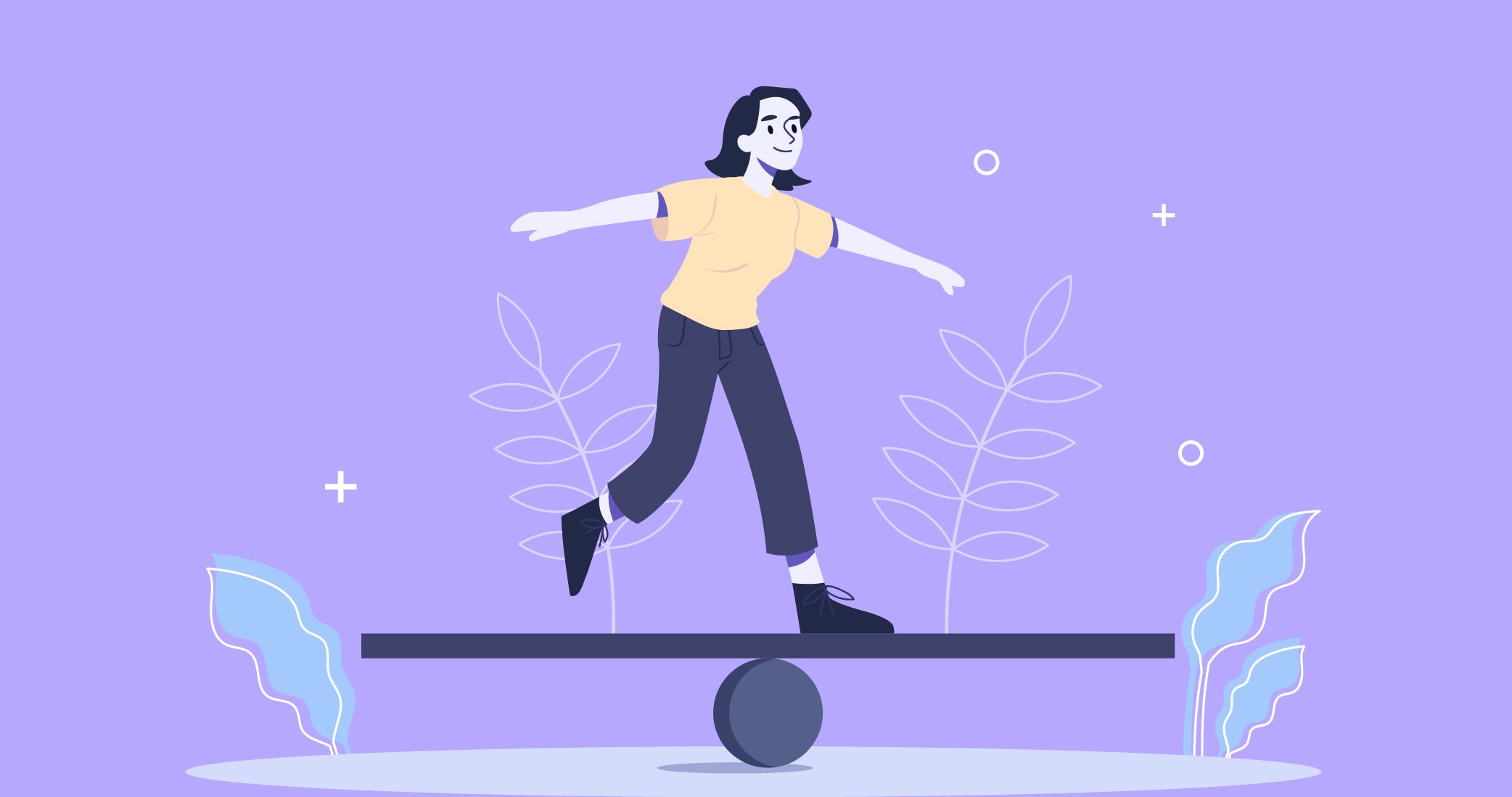 Ilustración que muestra una mujer haciendo equilibrio en una barra, reflejando el equilibrio que hay que tener en nuestra alimentación.