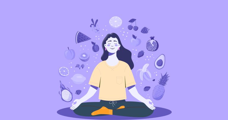 Ilustración que muestra una mujer meditando, rodeada de alimentos y comida para explicar la importancia de nutrición y la alimentación.