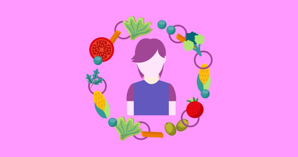 Ilustración de una mujer joven rodeada como por una corona de alimentos saludables, para hablar de la importancia de la dieta del cerebro.