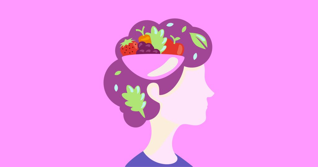 Ilustración del perfil de una cabeza de una mujer joven en cuyo interior hay dibujados alimentos saludables, para hablar de la importancia de la dieta del cerebro.