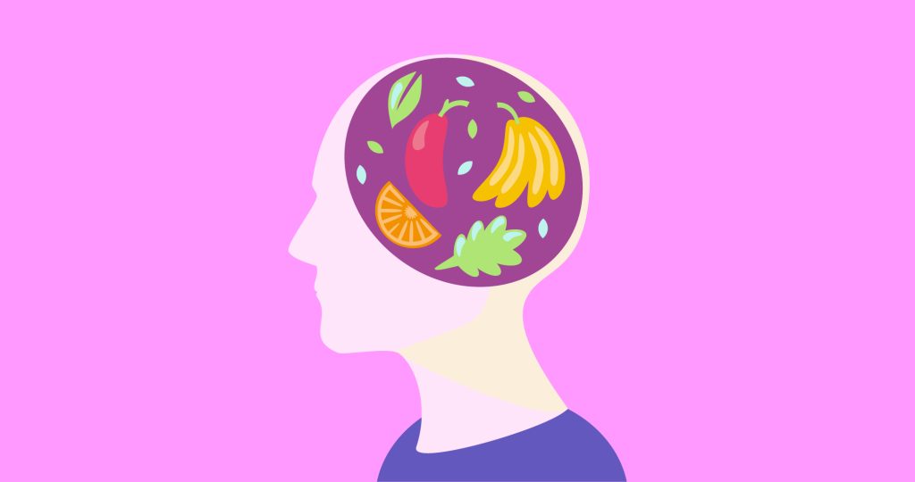 Ilustración del perfil de una cabeza de un joven en cuyo interior hay dibujados alimentos saludables, para hablar de la importancia de la dieta del cerebro.