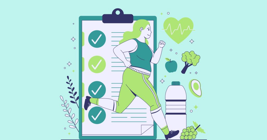Ilustración de una joven haciendo running sobre un fondo de alimentos y bebidas saludables, para hablar de psiconutrición.