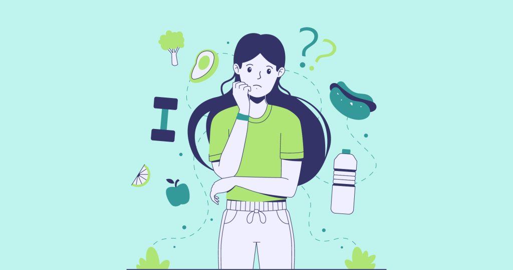 Ilustración de una joven pensativa rodeada de alimentos, para hablar de psiconutrición.