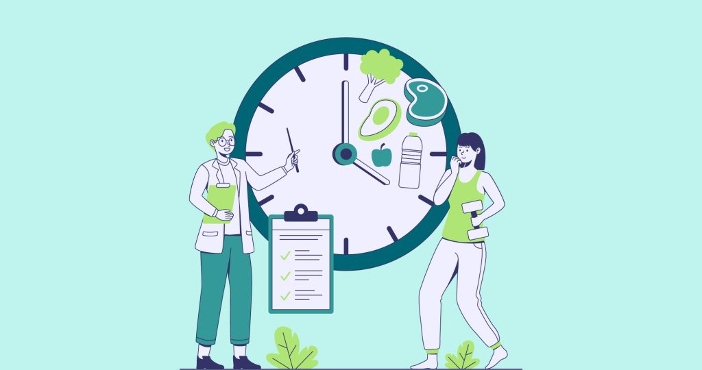 Ilustración de un nutricionista y una joven con una mancuerna en la mano, ambas delante de un gran reloj en cuya esfera hay alimentos dibujados, para hablar de psiconutrición.