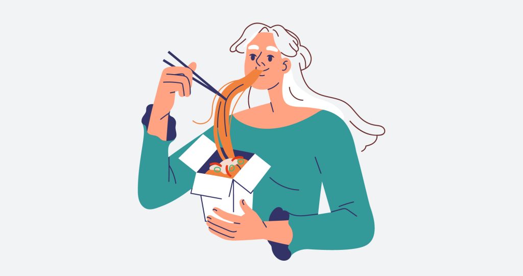 Ilustración de un chica joven comiendo noodles con palillos para hablar de comer para sentirte bien.