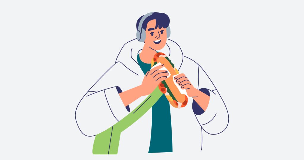 Ilustración de un chico joven comiéndose un gran bocadillo para hablar de comer para sentirte bien.