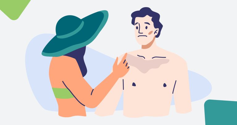 Ilustración de una mujer joven poniendo bronceador sobre el pecho de un chico para hablar de la ansiedad en vacaciones.