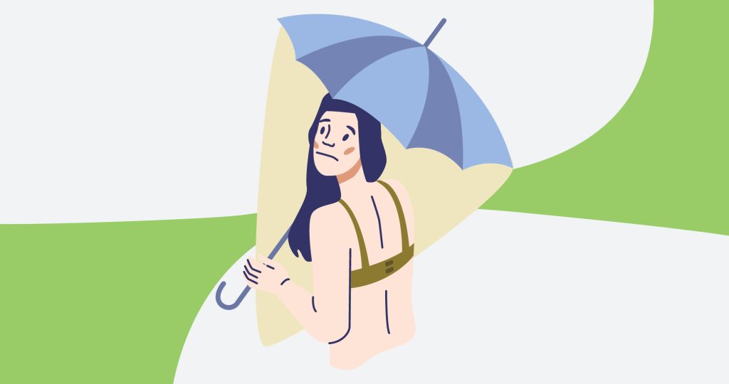 Ilustración de una chica joven protegiéndose del sol con una sombrilla de papel, para hablar de la ansiedad en vacaciones.