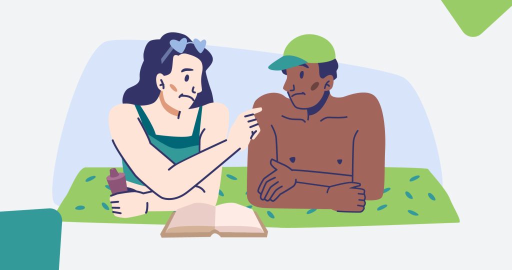 Ilustración de una pareja de chica y chico jóvenes tumbados sobre una toalla de playa leyendo un libro, para hablar de la ansiedad en vacaciones
