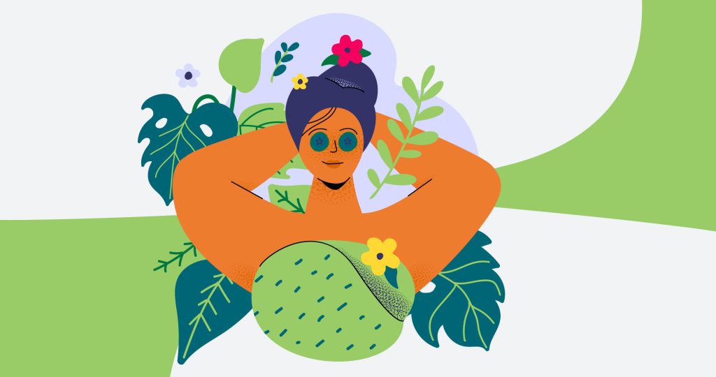 Ilustración de una mujer relajada, practicando mindfulness, para hablar de cómo desconectar en vacaciones gracias al mindfulness
