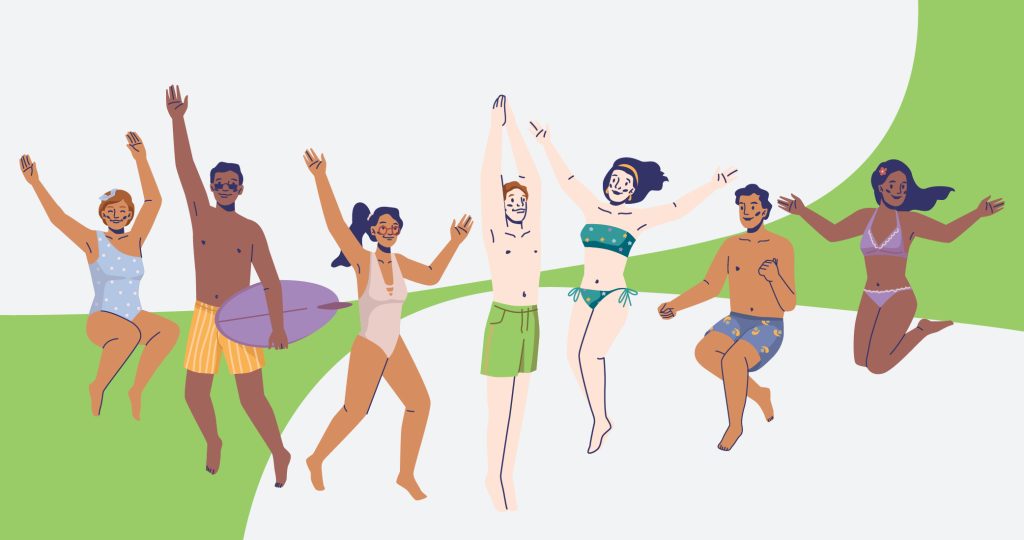 Ilustración de un grupo de jóvenes disfrutando de un día de playa, para hablar del estrés familiar en verano.