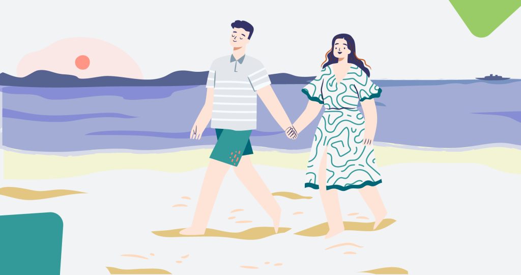Ilustración de una pareja paseando por la orilla del mar para hablar del estrés familiar en verano.
