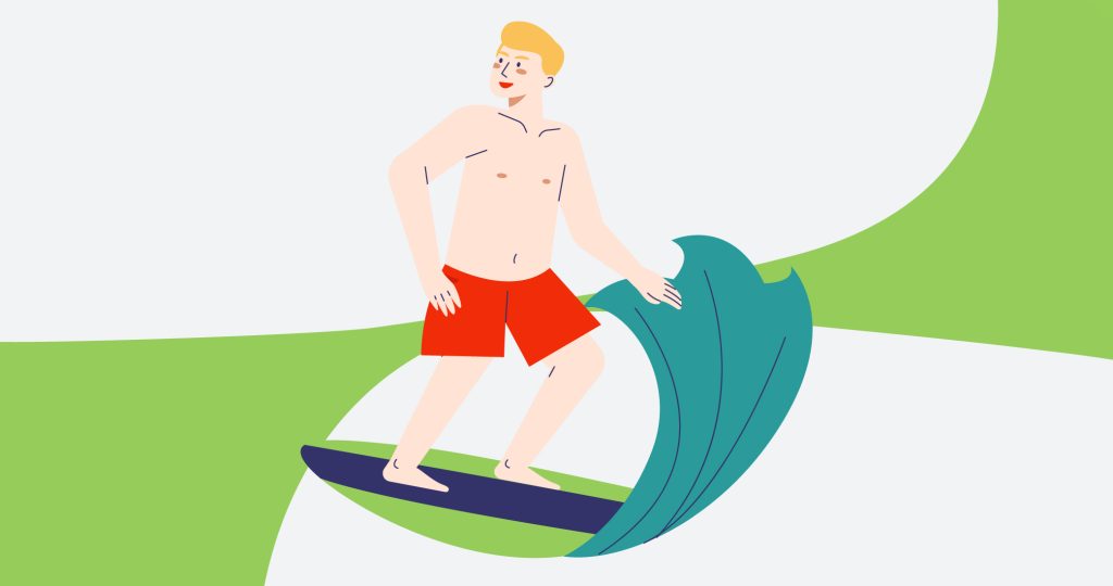 Ilustración de un joven practicando surf en la playa, para hablar del síndrome del verano perfecto.