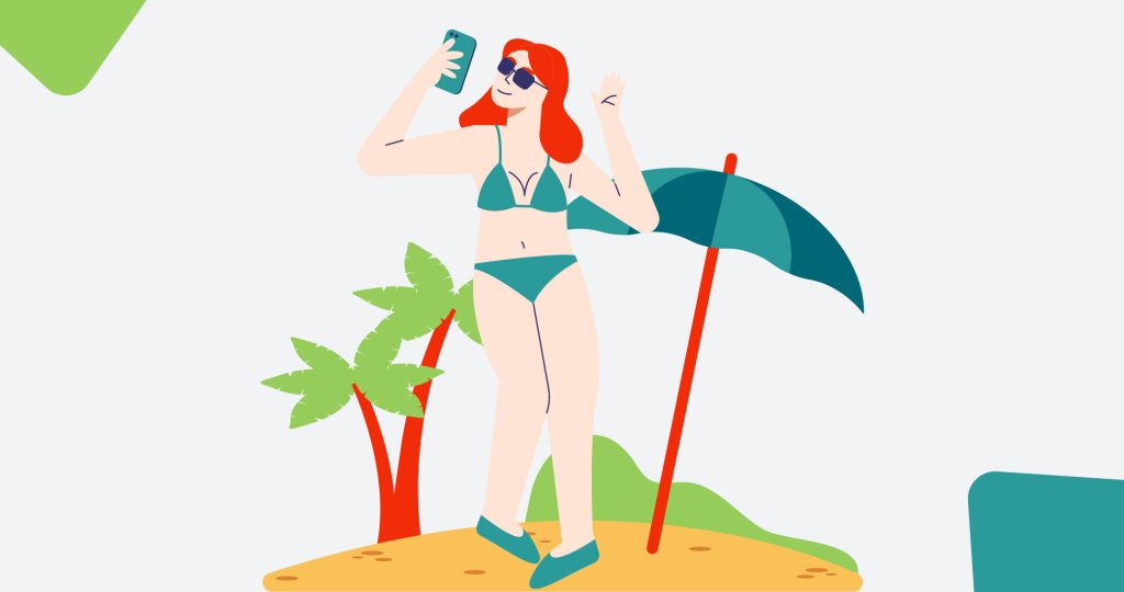 Ilustración de una joven en la playa haciéndose un selfie con el teléfono móvil, para hablar del síndrome del verano perfecto.
