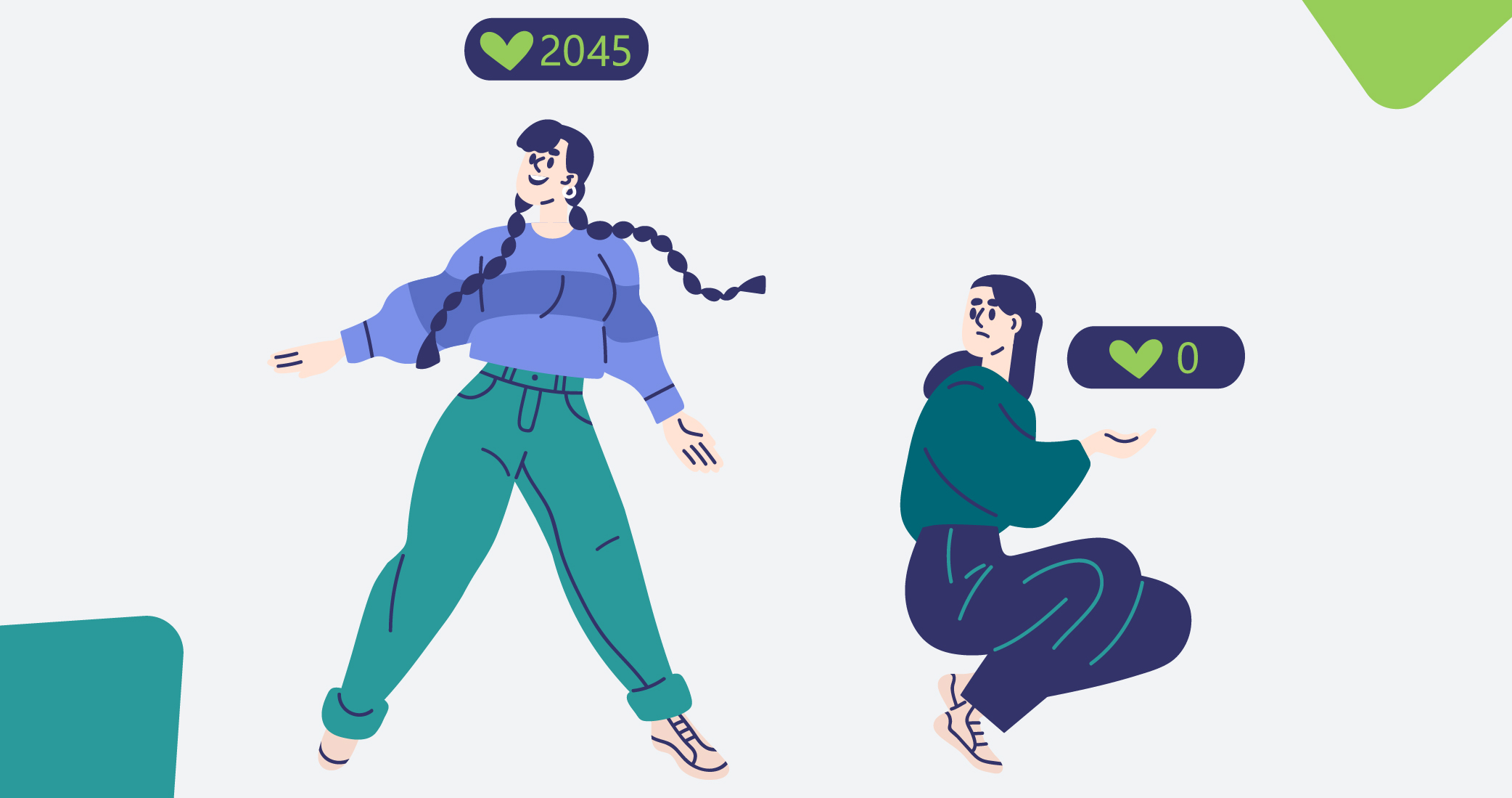 dibujo de dos personas, una de ellas mirando con envidia a la otra por tener más número de likes en redes sociales