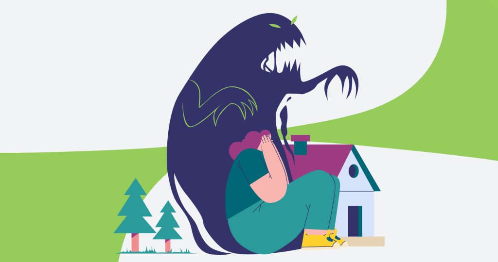 Ilustración de una mujer sentada acurrucada cuya sombra es un monstruo gigante, para hablar de la ansiedad social.