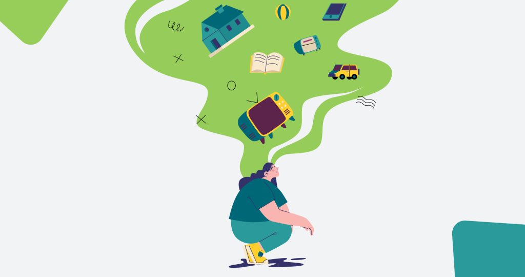 Ilustración de una de cuya cabeza surgen distintos objetos a modo de preocupaciones, para hablar de la ansiedad social.
