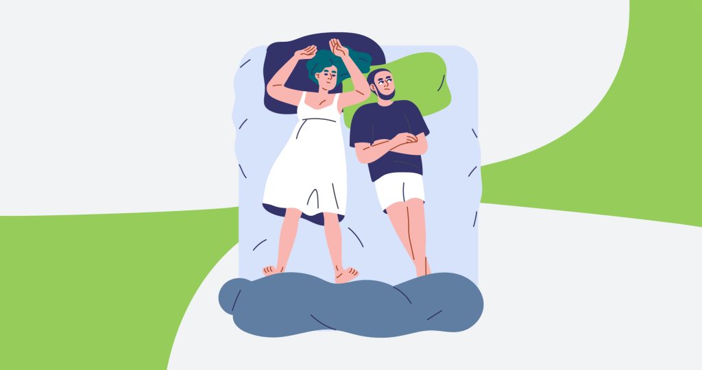 Ilustración de una pareja en la cama, ella durmiendo plácidamente mientras él está despierto, para hablar de discusiones de pareja e insomnio.
