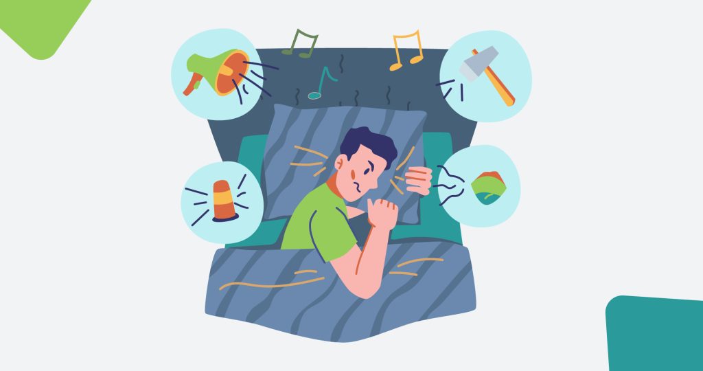 Ilustración de un joven intentando dormir en su cama rodeado de distintos pensamientos, para hablar de mindfulness para dormir mejor.