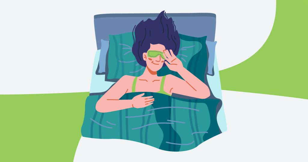 Ilustración de una mujer joven durmiendo plácidamente en la cama con un antifaz para dormir, para hablar de mindfulness para dormir mejor.