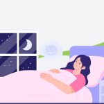 Ilustración de mujer joven en la cama, de noche, que no puede dormir, para hablar del insomnio y los pensamientos intrusivos