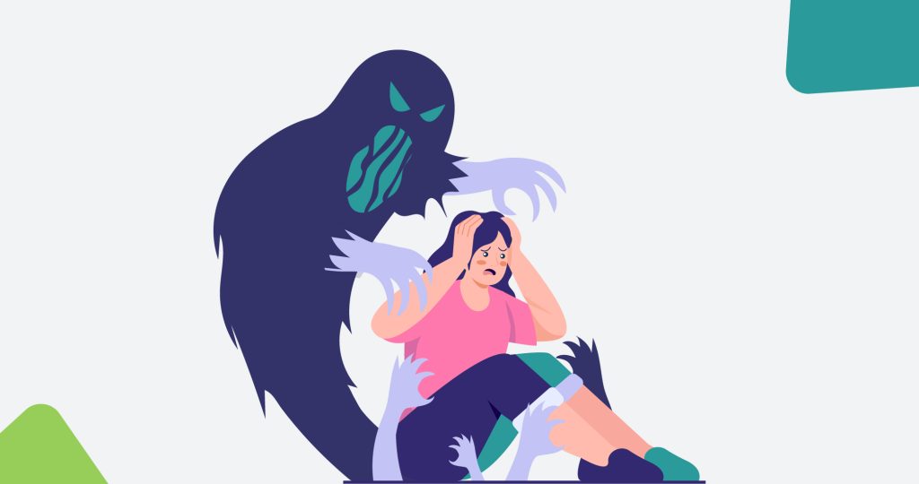 Ilustración de mujer joven perseguida por un fantasma-pensamiento intrusivo, para hablar del insomnio y los pensamientos intrusivos