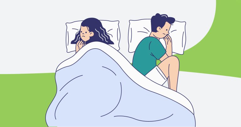 Ilustración de una pareja joven en la cama durmiendo de espaldas, cada uno a un lado de la cama, para hablar de relaciones tóxicas y sueño.