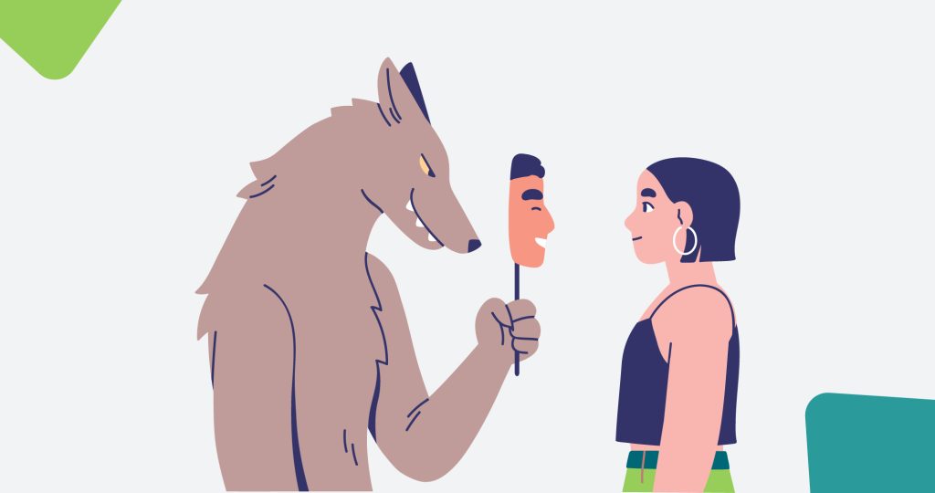 Ilustración de una que tiene frente a ella un lobo con una careta que de ser humana, tapándole su verdadera faz, para hablar de relaciones tóxicas y sueño.