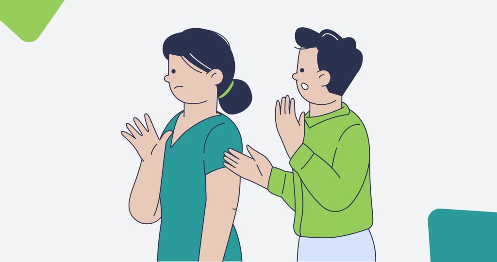 Ilustración de una pareja joven discutiendo y ella dándole la espalda a él, para hablar de relaciones tóxicas y sueño.