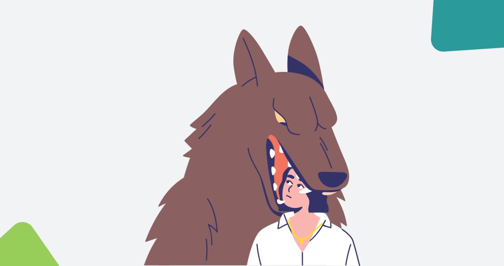 Ilustración de un lobo cogiendo con sus fauces la cabeza de una niña, para hablar de relaciones tóxicas y sueño.
