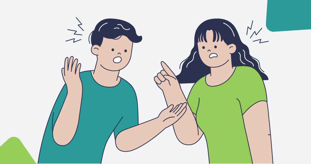 Ilustración de una pareja joven discutiendo, para hablar de relaciones tóxicas y sueño.