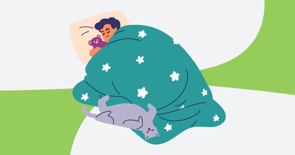 Ilustración de un joven durmiendo plácidamente abrazando a un osito de peluche para hablar de cómo superar el insomnio.