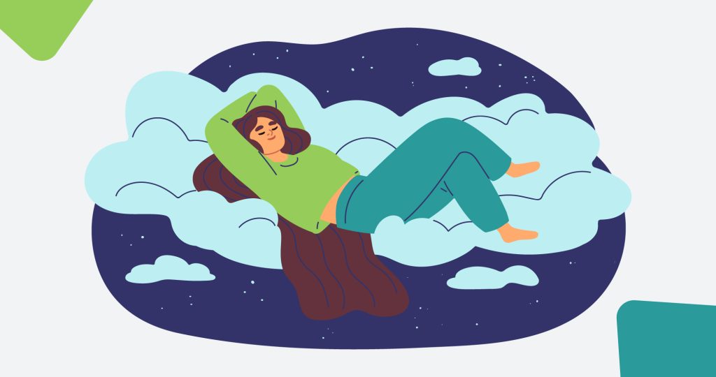 Ilustración de una joven durmiendo plácidamente en una cama de nubes, para hablar de cómo superar el insomnio.